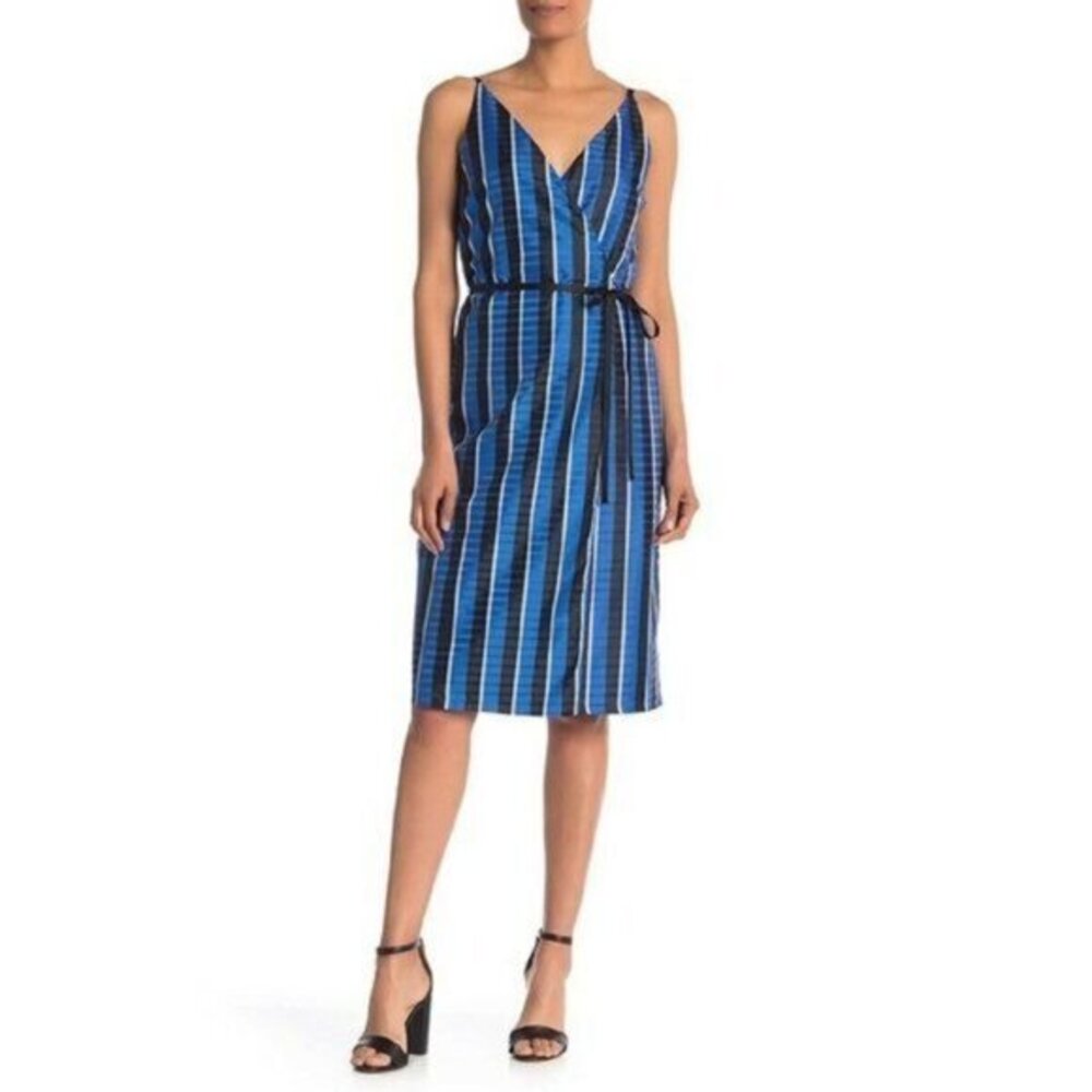 ROBERT RODRIGUEZ Blue Striped Surplice Vneck Dress SZ M NWT $495